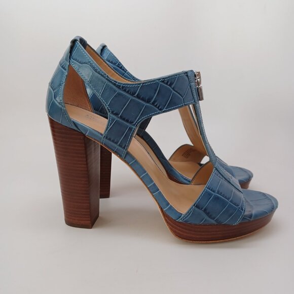 Michael Kors Heels Blue Leather Zip Front Platform Sandals Berkley Womens 7 - Picture 10 of 15